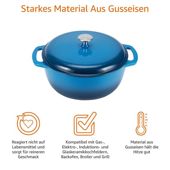 Amazon Basics - Bräter Schmortopf aus emailliertem Gusseisen, 4 L, Blau