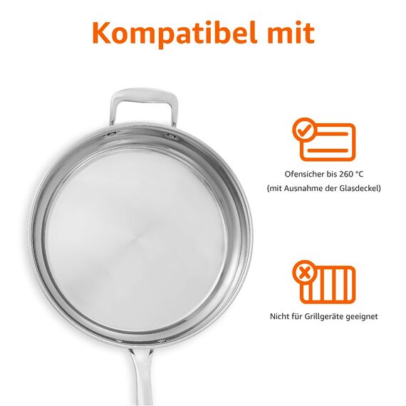Amazon Basics Kochgeschirr-Set, Edelstahl, 15Stück, Töpfe, Pfannen und Kochutensilien