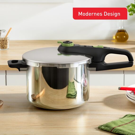 Tefal Secure Trendy Schnellkochtopf induktion 6l, 2-Stufen-Garregler: Intensivstufe 117°C, Schonstufe 112°C, Induktions-Kapselboden, für alle Herdarten, Edelstahl/Schwarz/Grün, P2580703