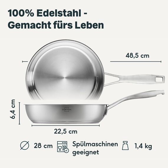 SILBERTHAL Edelstahl Pfanne Unbeschichtet - Induktion - Profi Bratpfanne 28cm - Röstaromen - Ofenfest