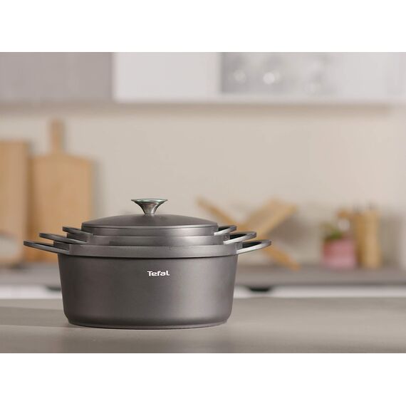 TEFAL TRATTORIA Schmortopf 24 cm, Bräter aus Alugus, antihaft beschichteter Topf, gute Wärmespeicherung, Schmorgerichte, Bratentopf, für alle gängigen Herdarten geeignet, Induktion, schwarz, E21846