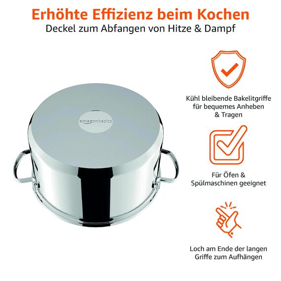 Amazon Basics 9 Stück Kochgeschirr-Set, Edelstahl, induktionsgeeignet, mit Deckeln, Silberfarben