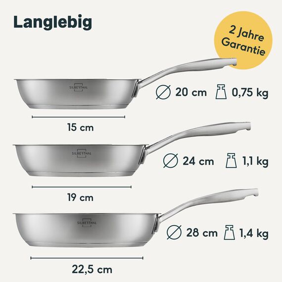 SILBERTHAL Bratpfannen Set 3 teilig - Edelstahlpfanne Beschichtet - 20, 24 und 28 cm - Induktionsgeeignet - Anti-Haft - Backofenfest bis 250°