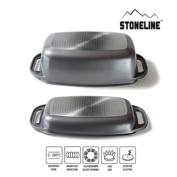 STONELINE Aluguss Bräter mit Deckel 40x22 cm, 5,8 L Bräter Induktion Backofengeeignet Für alle Herdarten, Deckel als Auflaufform verwendbar, Topf Antihaft Beschichtet mit echten Steinpartikeln, Grau