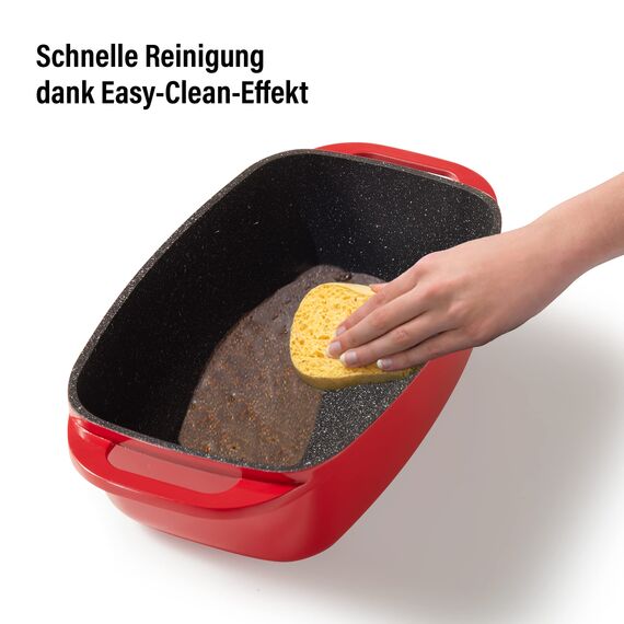STONELINE Aluguss Bräter mit Deckel 40x22 cm, 5,8 L Bräter Induktion Backofengeeignet Für alle Herdarten, Deckel als Auflaufform verwendbar, Topf Antihaft Beschichtet mit echten Steinpartikeln, Rot