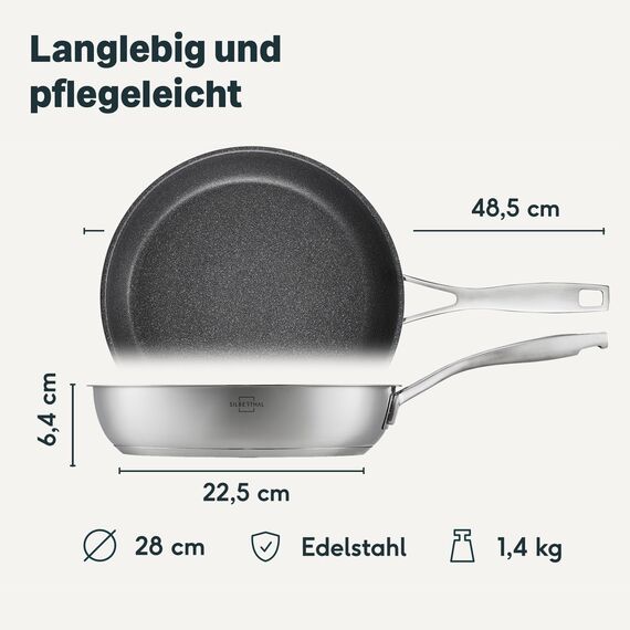 SILBERTHAL Bratpfanne Induktion 28 cm - Beschichtete Pfanne - Edelstahl - Für alle Herdarten und Ofenfest