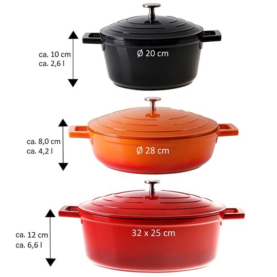 STONELINE Cocotte Bräter mit Deckel Induktion 28 cm, 4,2 L, Aluguss Topf beschichtet mit echten Steinpartikeln, Bratentopf Schmortopf mit Deckel Backofengeeignet, für alle Herdarten, Farbe: Ofenrot