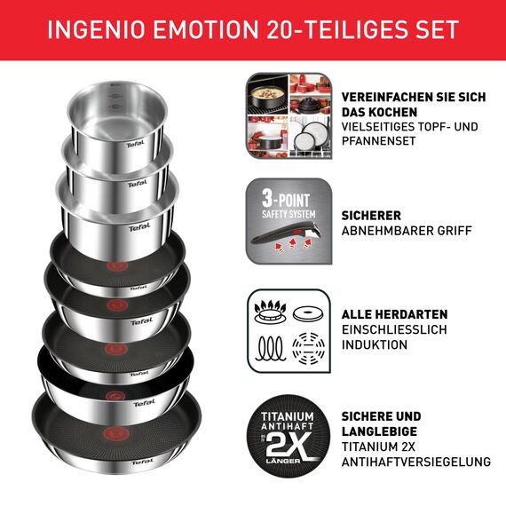 Tefal Ingenio Emotion 20-tlg. Topf und Pfannenset abnehmbarer Griff, mit Zubehör, stapelbar, platzsparend, Topfset Induktion Titanium 2X Antihaftversiegelung, einfache Handhabung und Reinigung, L897SK