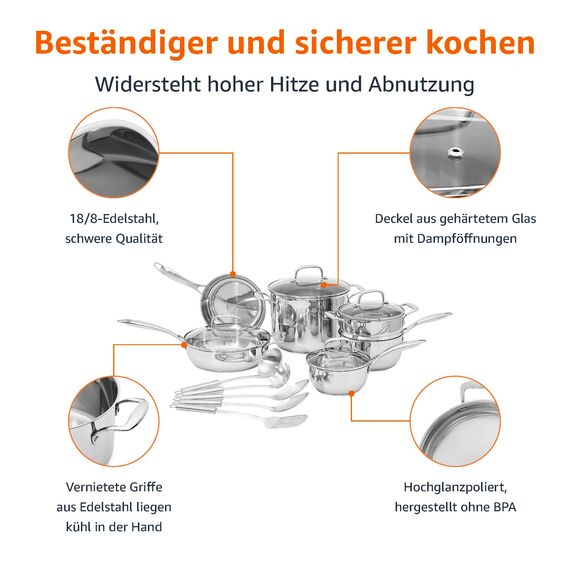 Amazon Basics Kochgeschirr-Set, Edelstahl, 15Stück, Töpfe, Pfannen und Kochutensilien