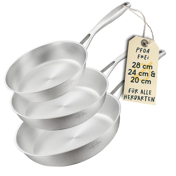 SILBERTHAL Pfannen Set 3 teilig - Edelstahlpfanne Unbeschichtet - 20, 24 und 28 cm - Induktionsgeeignet - Backofenfest bis 400° und spülmaschinengeeignet