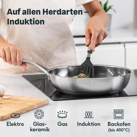 SILBERTHAL Pfannen Set 2 teilig - Edelstahlpfanne Unbeschichtet - 24 cm und 28 cm - Induktionsgeeignet - Backofenfest
