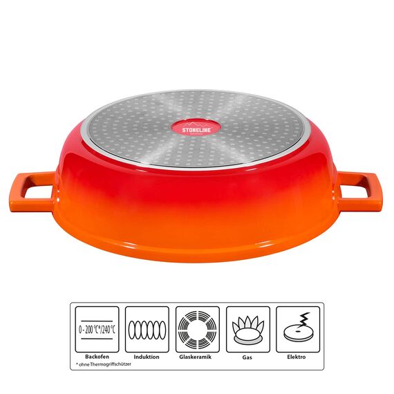STONELINE Cocotte Bräter mit Deckel Induktion 28 cm, 4,2 L, Aluguss Topf beschichtet mit echten Steinpartikeln, Bratentopf Schmortopf mit Deckel Backofengeeignet, für alle Herdarten, Farbe: Ofenrot