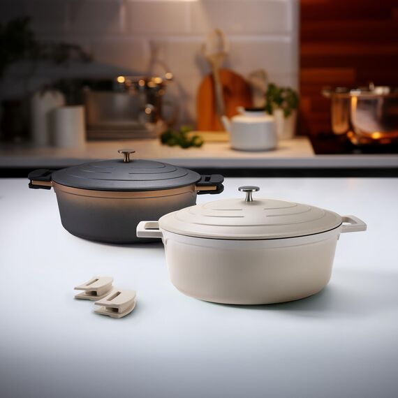 STONELINE Cocotte Bräter Induktion mit Deckel 32 cm, 6,6 L, Topf Antihaft Beschichtung mit echten Steinpartikeln, Bratentopf Schmortopf für alle Herdarten und Backofengeeignet, Farbe: Creme