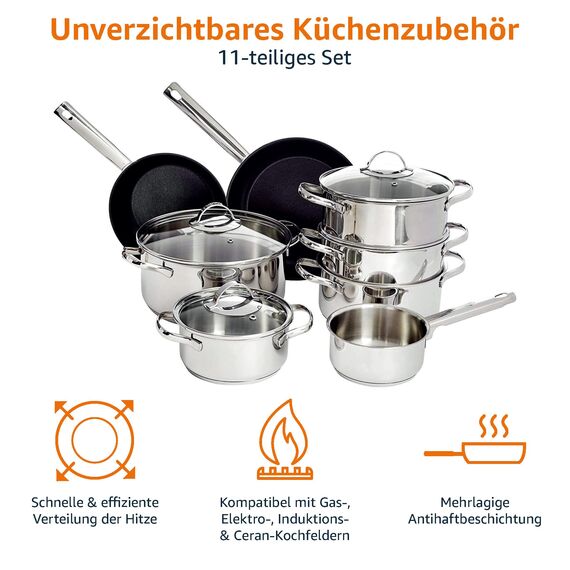 Amazon Basics 11 Stück Kochgeschirr-Set, Edelstahl, induktionsgeeignet, mit Deckeln, Silberfarben