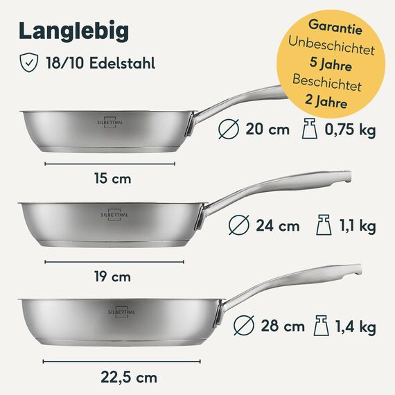 SILBERTHAL Edelstahlpfannen 6er Set 28 cm Unbeschichtet & Beschichtet -Pfannenset 6 teilig backofenfest & spülmaschinengeeignet