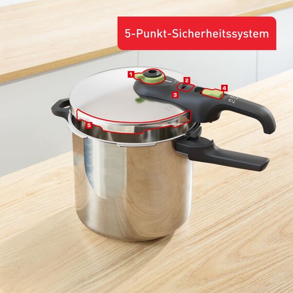 Tefal P2584402 Secure Trendy Schnellkochtopf 8 L mit Korb | 2-Stufen-Garregler: Intensivstufe 117°C, Schonstufe 112°C | Induktions-Kapselboden | für alle Herdarten | Edelstahl/Schwarz/Grün