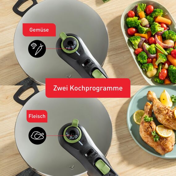 Tefal P2584402 Secure Trendy Schnellkochtopf 8 L mit Korb | 2-Stufen-Garregler: Intensivstufe 117°C, Schonstufe 112°C | Induktions-Kapselboden | für alle Herdarten | Edelstahl/Schwarz/Grün