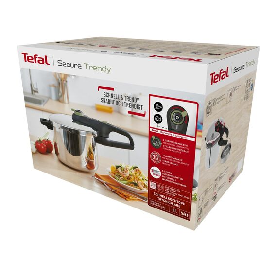 Tefal P2584402 Secure Trendy Schnellkochtopf 8 L mit Korb | 2-Stufen-Garregler: Intensivstufe 117°C, Schonstufe 112°C | Induktions-Kapselboden | für alle Herdarten | Edelstahl/Schwarz/Grün