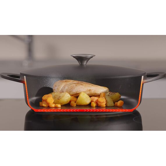 TEFAL Trattoria Schmorpfanne 28 cm hoher Rand, Servierpfanne Induktion aus Aluguss mit Gussdeckel, Antihaft-Beschichtung, gute Wärmespeicherung, backofengeeignet, für alle Herdarten geeignet, E21872