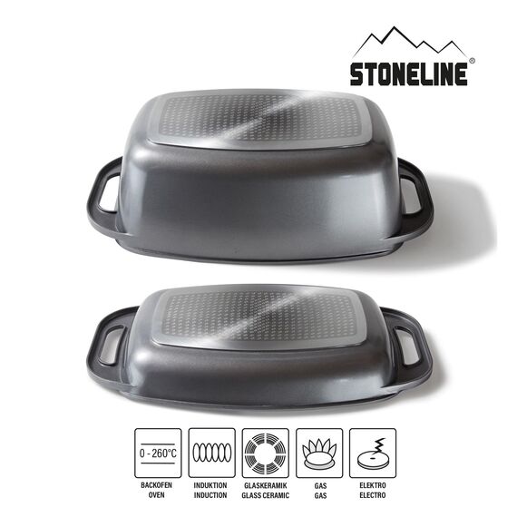STONELINE Aluguss Bräter mit Deckel 43x26 cm, 8,4 L Bräter Induktion Backofengeeignet Für alle Herdarten, Deckel als Auflaufform verwendbar, Topf Antihaft Beschichtet mit echten Steinpartikeln, Grau