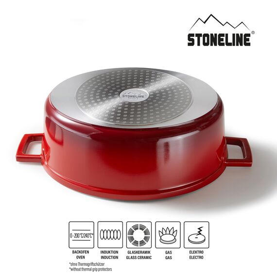 STONELINE Cocotte Bräter mit Deckel Induktion 32 cm, 6,6 L, Aluguss Topf beschichtet mit echten Steinpartikeln, Bratentopf Schmortopf mit Deckel Backofengeeignet, für alle Herdarten, Farbe: Rot