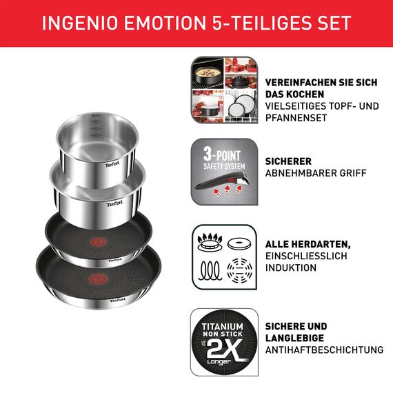 Tefal Ingenio Emotion 5-tlg.Topf und Pfannenset abnehmbarer Griff, stapelbar, platzsparend, Topfset Induktion mit Titanium 2X Antihaftversiegelung, einfache Handhabung und Reinigung, L897S5