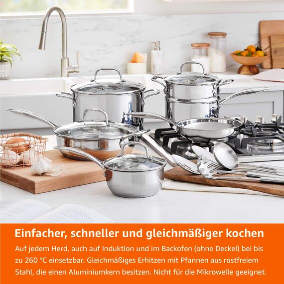 Amazon Basics Kochgeschirr-Set, Edelstahl, 15Stück, Töpfe, Pfannen und Kochutensilien