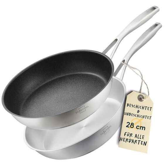 SILBERTHAL Edelstahlpfannen 2er Set 28 cm Unbeschichtet & Beschichtet -Pfannenset 2 teilig backofenfest & spülmaschinengeeignet