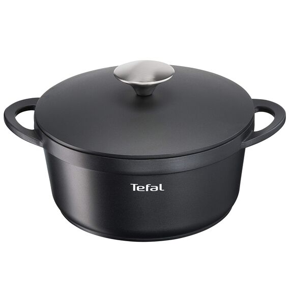 TEFAL TRATTORIA E21844 Schmortopf 20cm | Aluguss | Gussdeckel | Antihaft-Beschichtung | gute Wärmespeicherung | Schmorgerichte | Silikon Griffschutz | Bratentopf | induktionsgeeignet | Schwarz
