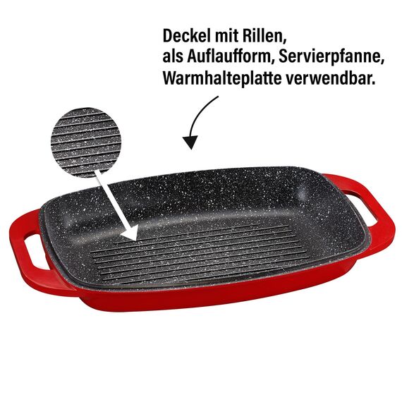 STONELINE Aluguss Bräter mit Deckel 43x26 cm, 8,4 L Bräter Induktion Backofengeeignet Für alle Herdarten, Deckel als Auflaufform verwendbar, Topf Antihaft Beschichtet mit echten Steinpartikeln, Rot