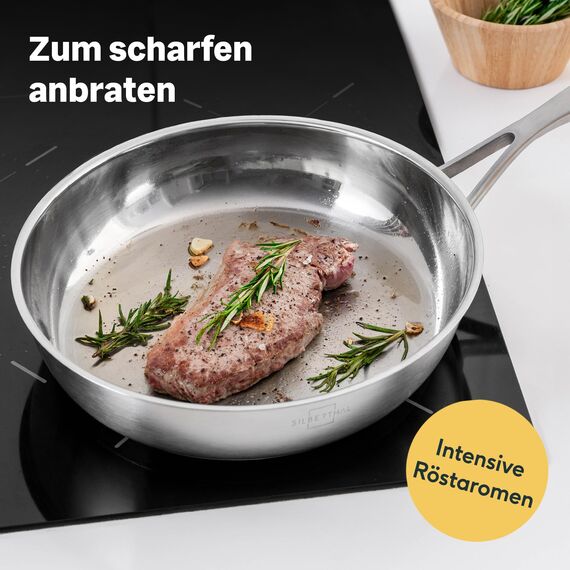 SILBERTHAL Pfannen Set 2 teilig - Edelstahlpfanne Unbeschichtet - 24 cm und 28 cm - Induktionsgeeignet - Backofenfest