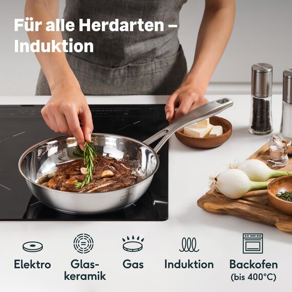 SILBERTHAL Edelstahl Pfanne Unbeschichtet - Induktion - Profi Bratpfanne 28cm - Röstaromen - Ofenfest