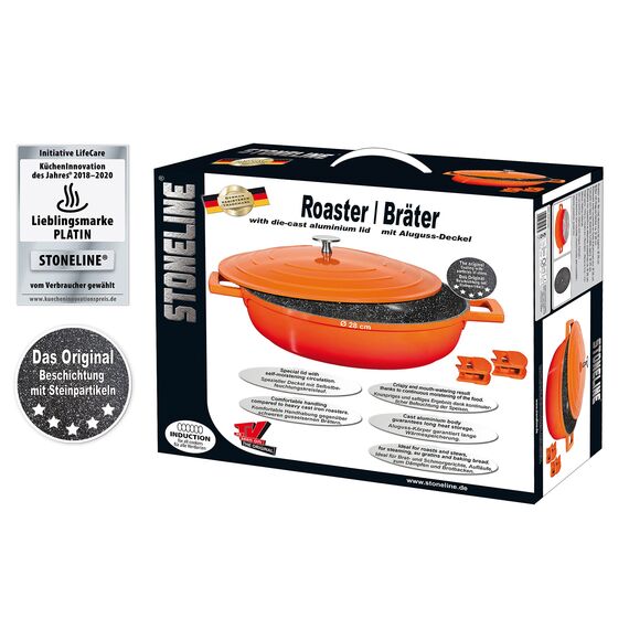STONELINE Cocotte Bräter mit Deckel Induktion 28 cm, 4,2 L, Aluguss Topf beschichtet mit echten Steinpartikeln, Bratentopf Schmortopf mit Deckel Backofengeeignet, für alle Herdarten, Farbe: Ofenrot