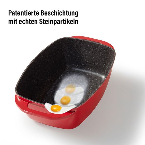 STONELINE Aluguss Bräter mit Deckel 43x26 cm, 8,4 L Bräter Induktion Backofengeeignet Für alle Herdarten, Deckel als Auflaufform verwendbar, Topf Antihaft Beschichtet mit echten Steinpartikeln, Rot