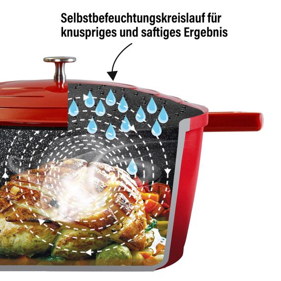 STONELINE Cocotte Bräter mit Deckel Induktion 32 cm, 6,6 L, Aluguss Topf beschichtet mit echten Steinpartikeln, Bratentopf Schmortopf mit Deckel Backofengeeignet, für alle Herdarten, Farbe: Rot