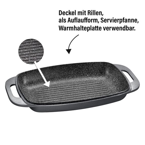 STONELINE Aluguss Bräter mit Deckel 43x26 cm, 8,4 L Bräter Induktion Backofengeeignet Für alle Herdarten, Deckel als Auflaufform verwendbar, Topf Antihaft Beschichtet mit echten Steinpartikeln, Grau