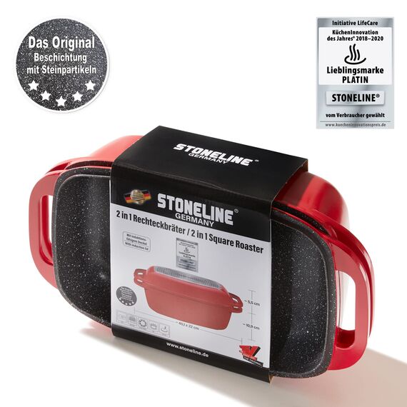 STONELINE Aluguss Bräter mit Deckel 40x22 cm, 5,8 L Bräter Induktion Backofengeeignet Für alle Herdarten, Deckel als Auflaufform verwendbar, Topf Antihaft Beschichtet mit echten Steinpartikeln, Rot