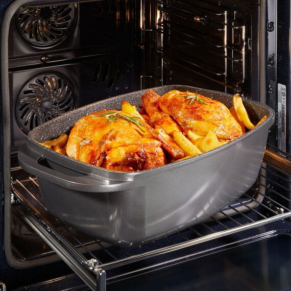 STONELINE Aluguss Bräter mit Deckel 43x26 cm, 8,4 L Bräter Induktion Backofengeeignet Für alle Herdarten, Deckel als Auflaufform verwendbar, Topf Antihaft Beschichtet mit echten Steinpartikeln, Grau