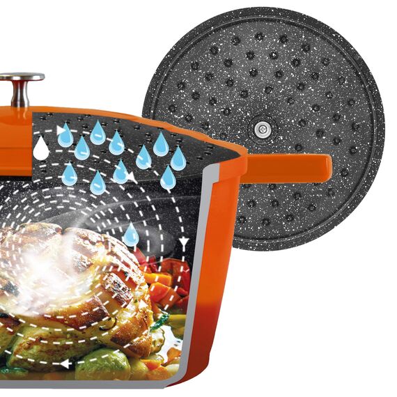 STONELINE Cocotte Bräter mit Deckel Induktion 28 cm, 4,2 L, Aluguss Topf beschichtet mit echten Steinpartikeln, Bratentopf Schmortopf mit Deckel Backofengeeignet, für alle Herdarten, Farbe: Ofenrot