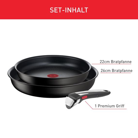 Tefal Ingenio Unlimited On 3-teiliges Pfannenset abnehmbarer Griff, 22/26 cm, platzsparend, stapelbar, Pfannenset Induktion mit Antihaftversiegelung, einfache Handhabung und Reinigung, L39598