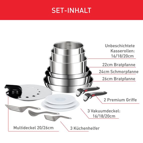 Tefal Ingenio Preference On 15-teiliges Topf und Pfannenset abnehmbarer Griff, stapelbar, platzsparend, Topfset Induktion mit Antihaftversiegelung, einfache Handhabung und Reinigung, L97495
