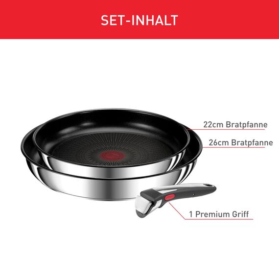 Tefal Ingenio Preference On 3-teiliges Pfannenset abnehmbarer Griff, 22/26 cm, stapelbar, platzsparend, Topfset Induktion mit Antihaftversiegelung, einfache Handhabung und Reinigung, L97490