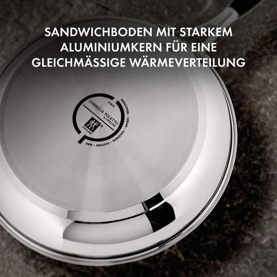 ZWILLING CORNELIA POLETTO Bratpfannen, Set 3-teilig (20 cm + 24 cm + 28 cm), mit 4-lagiger Antihaftbeschichtung mit Diamantpartikeln, 18/10 Edelstahl, für alle Herdarten inkl. Induktion