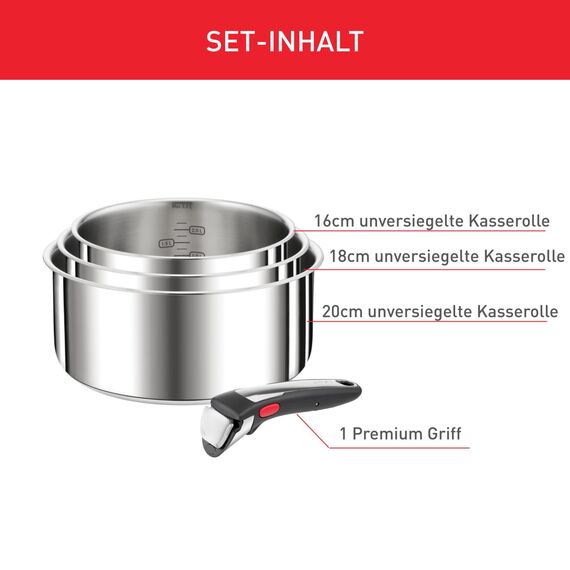 Tefal Ingenio Preference On 4-teiliges Kasserollenset, 16/18/20 cm, Topfset abnehmbarer Griff, Topfset Induktion stapelbar, platzsparend, einfache Handhabung und Reinigung, Edelstahl, L898S3