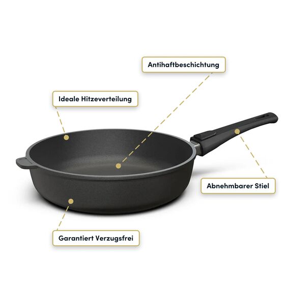 Hoffmann Aluguss Bratpfanne 28 cm Induktion Hoher Rand 7 cm Innenhöhe I Pfanne Induktionsherd I Schmorpfanne 28cm I Abnehmbarer Griff Hochrandpfanne