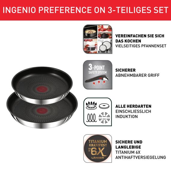 Tefal Ingenio Preference On 3-teiliges Pfannenset abnehmbarer Griff, 24/28 cm, stapelbar, platzsparend, Topfset Induktion mit Antihaftversiegelung, einfache Handhabung und Reinigung, L97493