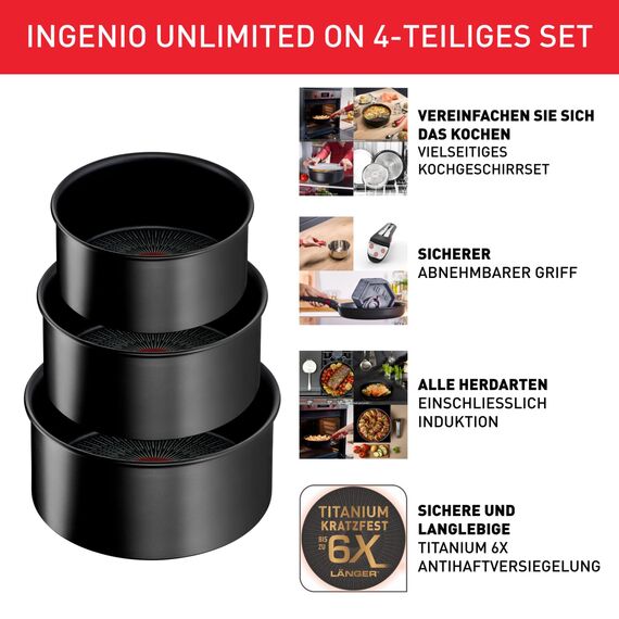 Tefal Ingenio Unlimited On 4-teiliges Kasserollenset, 16/18/20 cm, Topfset abnehmbarer Griff, stapelbar, platzsparend, Topfset Induktion antihaftversiegelt, einfache Handhabung und Reinigung, L39594