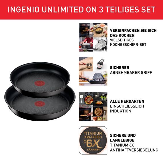 Tefal Ingenio Unlimited On 3-teiliges Pfannenset abnehmbarer Griff, 22/26 cm, platzsparend, stapelbar, Pfannenset Induktion mit Antihaftversiegelung, einfache Handhabung und Reinigung, L39598