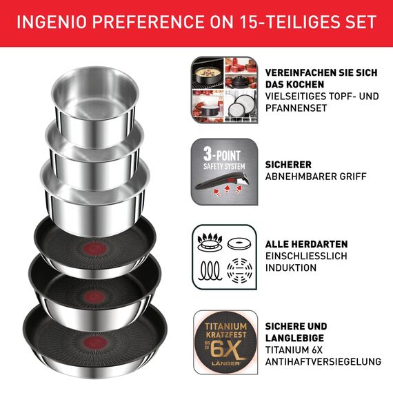 Tefal Ingenio Preference On 15-teiliges Topf und Pfannenset abnehmbarer Griff, stapelbar, platzsparend, Topfset Induktion mit Antihaftversiegelung, einfache Handhabung und Reinigung, L97495