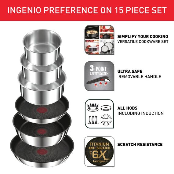 Tefal Ingenio Preference On 15-teiliges Topf und Pfannenset abnehmbarer Griff, stapelbar, platzsparend, Topfset Induktion mit Antihaftversiegelung, einfache Handhabung und Reinigung, L97495